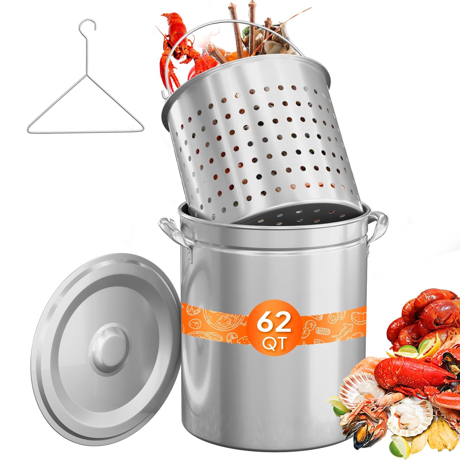 ROVSUN 62QT Stainless Steel Seafood Boil Pot With Strainer Basket, Lid &amp; Hook, Versatile Stock for Crab, Lobster, Shrimp Boiling, Heavy-Duty Turkey Fryer for Outdoor Cooking &amp; Gatherings