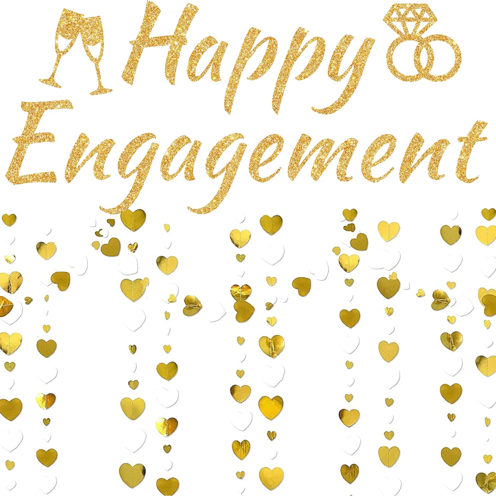 2 PCS Engagement Party Decorations Set, Aesthetic Happy Engagement Decorations with Letters Banners White Gold Love Heart, Practical Suitable for Use at Proposal Parties