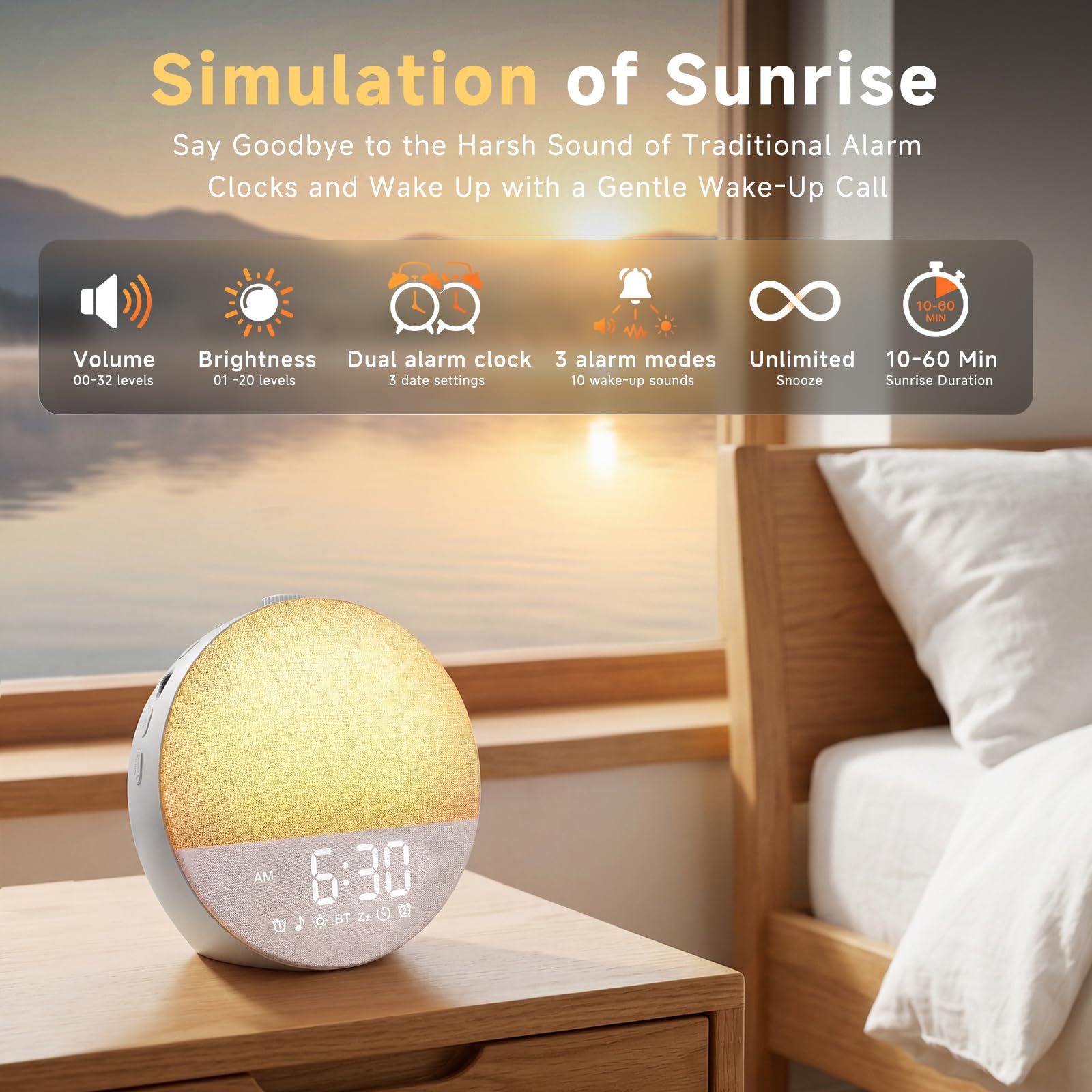 Geuuap Sonnenaufgangswecker mit weißem Rauschen | Natürliches Aufwachlicht für Schlafzimmer mit 30 beruhigenden Einschlafhilfen, Bluetooth-Lautsprecher, dimmbare Uhr, bildschirmfreies Design für Babys