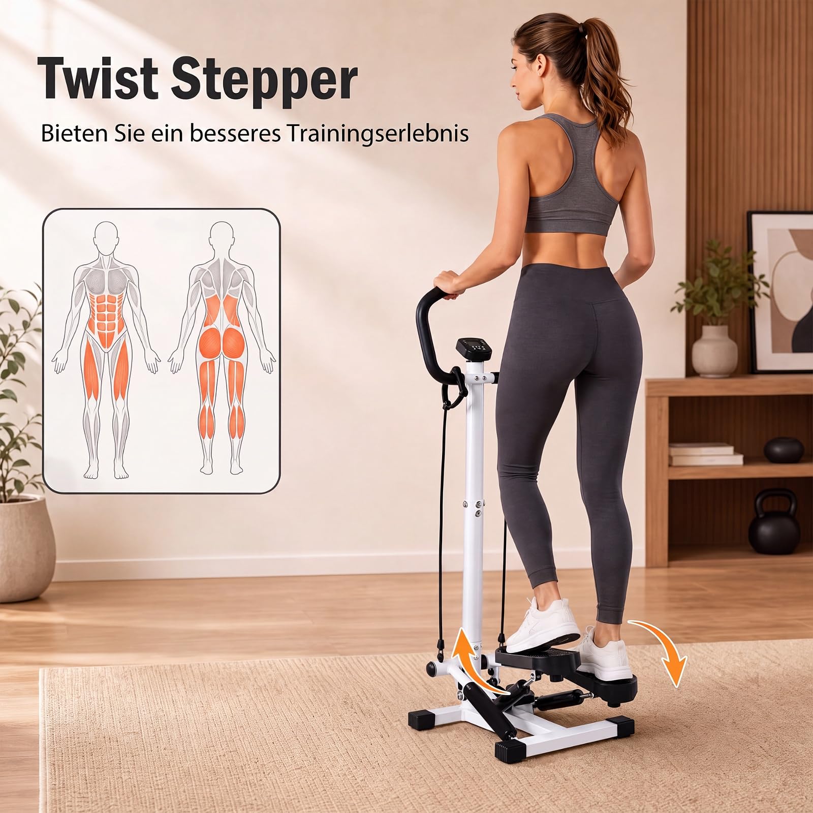 COSTWAY Mini stepper z kierownicą, cichy i antypoślizgowy | Stepper fitness z taśmami oporowymi i wyświetlaczem LCD, hydrauliczny rower treningowy do domu, biura
