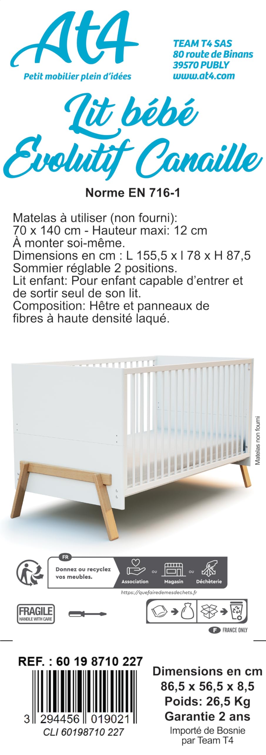 AT4 - Cuna bebé evolutiva CANAILLE madera - Blanco/Haya Barnizada - 70 x 140-155 x 79 x 87,50 cm