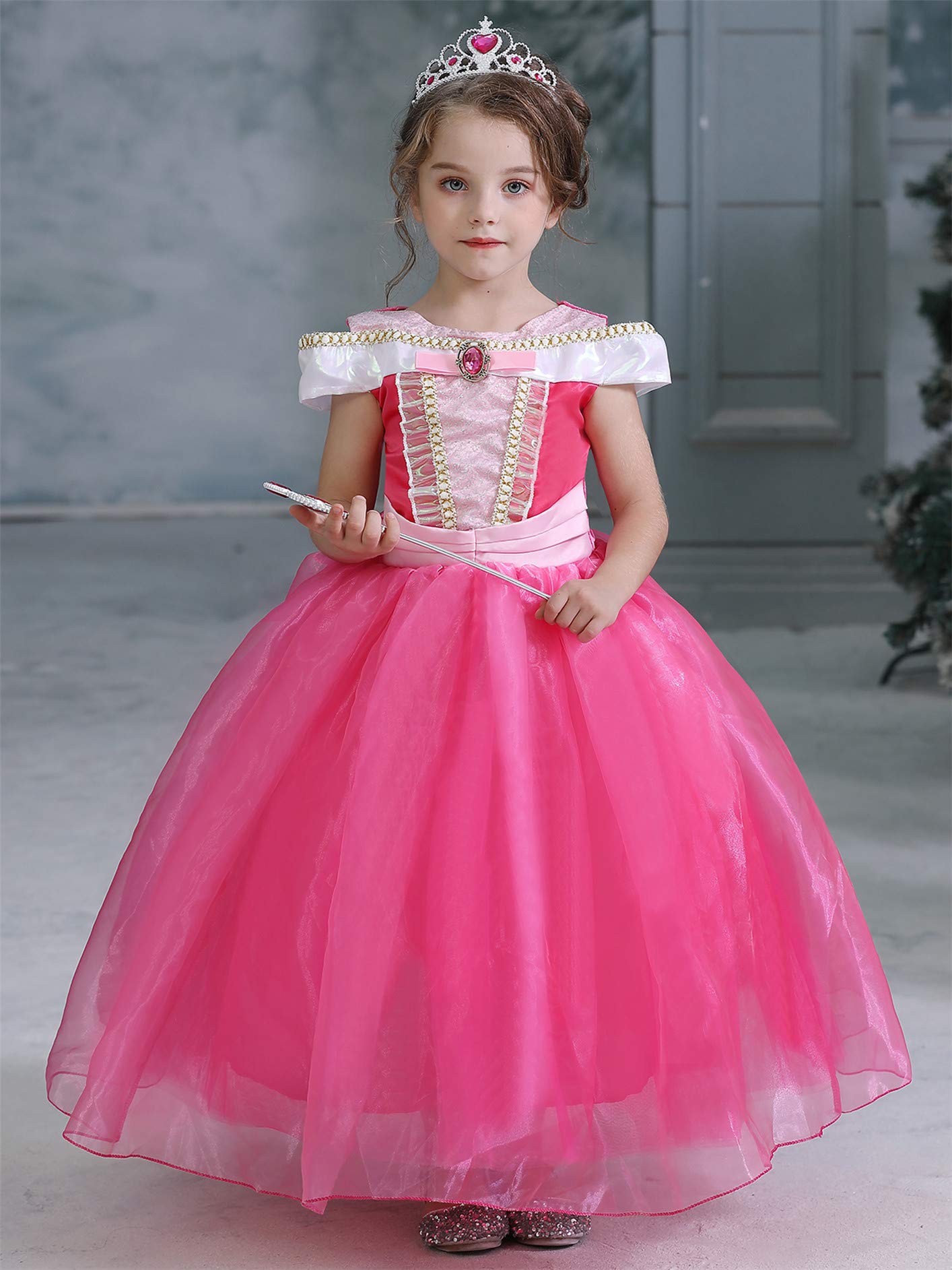 New front Bambino Travestimento La Bella Addormentata Ragazza Abiti Principessa Aurora Costumi Natale Diadema Bacchetta Vestito Carnevale Regalo di Compleanno Halloween