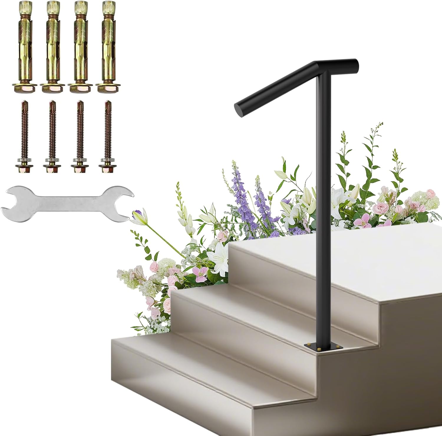 Handrail for Outdoor Step-1-2 Step Stair Railing-Heavy-Duty Metal Railings for Seniors-Powder Coated Single Post Handrail-38 H Wrought Iron Railing for Concrete/Wood Porch/Deck/Indoor Outdoor Stair