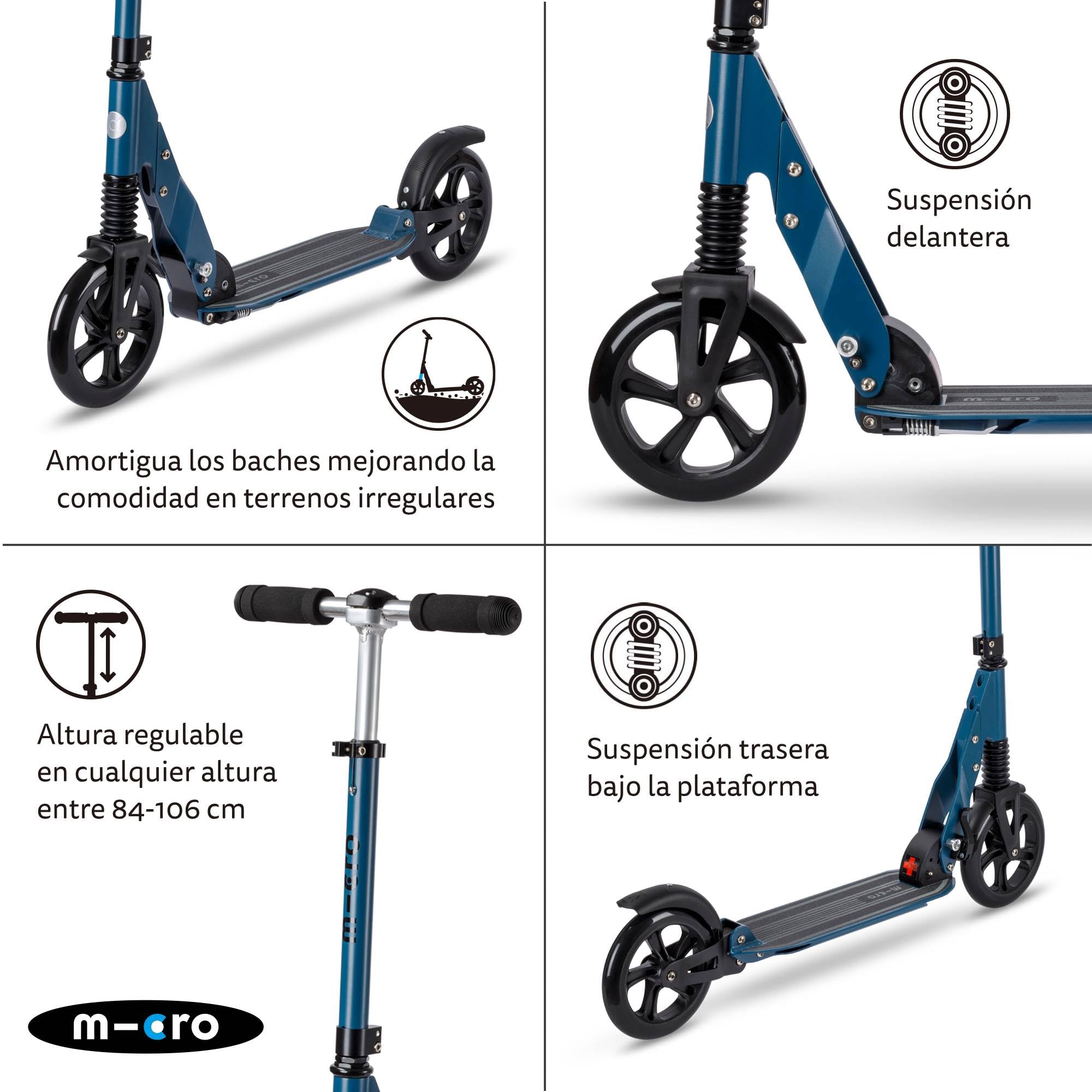 Micro Suspension - Trottinette Amortissement avant et arrière - Roues 200 mm PU - Glissement doux sans effort - Scooter pliable et durable - Design élégant - Pour jeunes et adultes