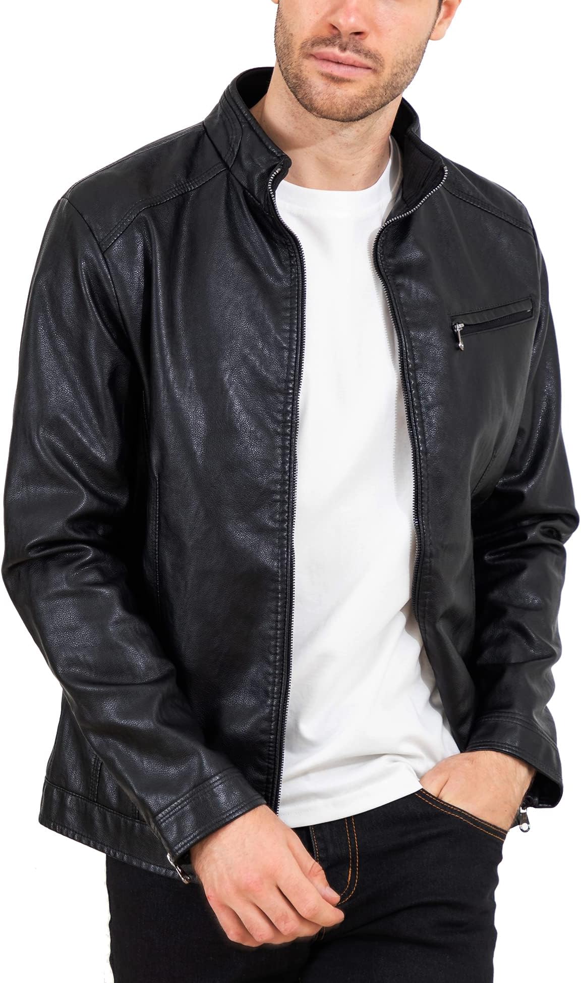 VICALLEDMens Leather Jacket Slim Fit Stand Collar PU Motorcycle Jacket Lightweight