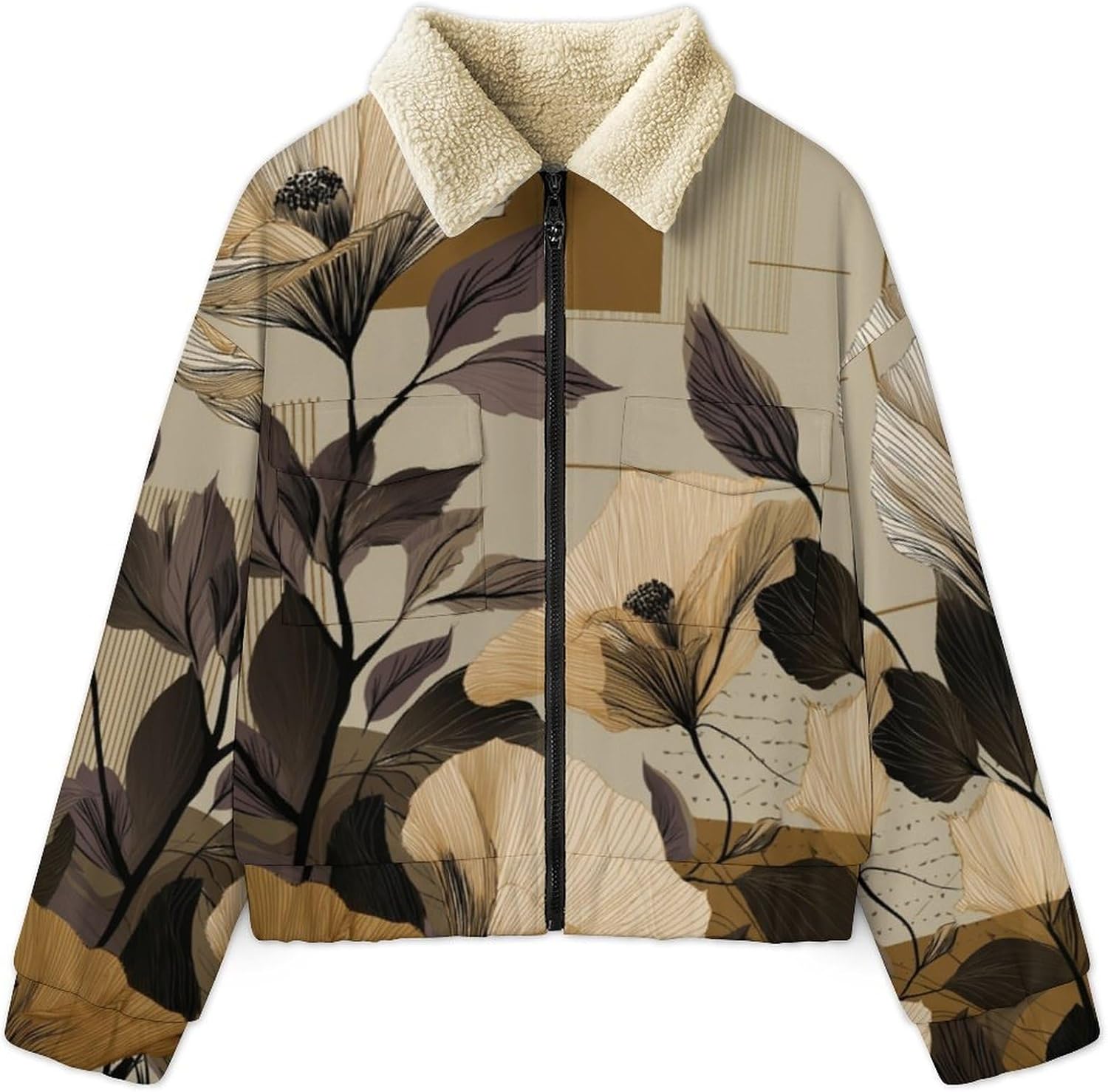 Women's Full Zip Soft Polar Fleece Jacket, Flowers geometry Printed Outdoor Recreation Coat, Long Sleeve Outerwear
