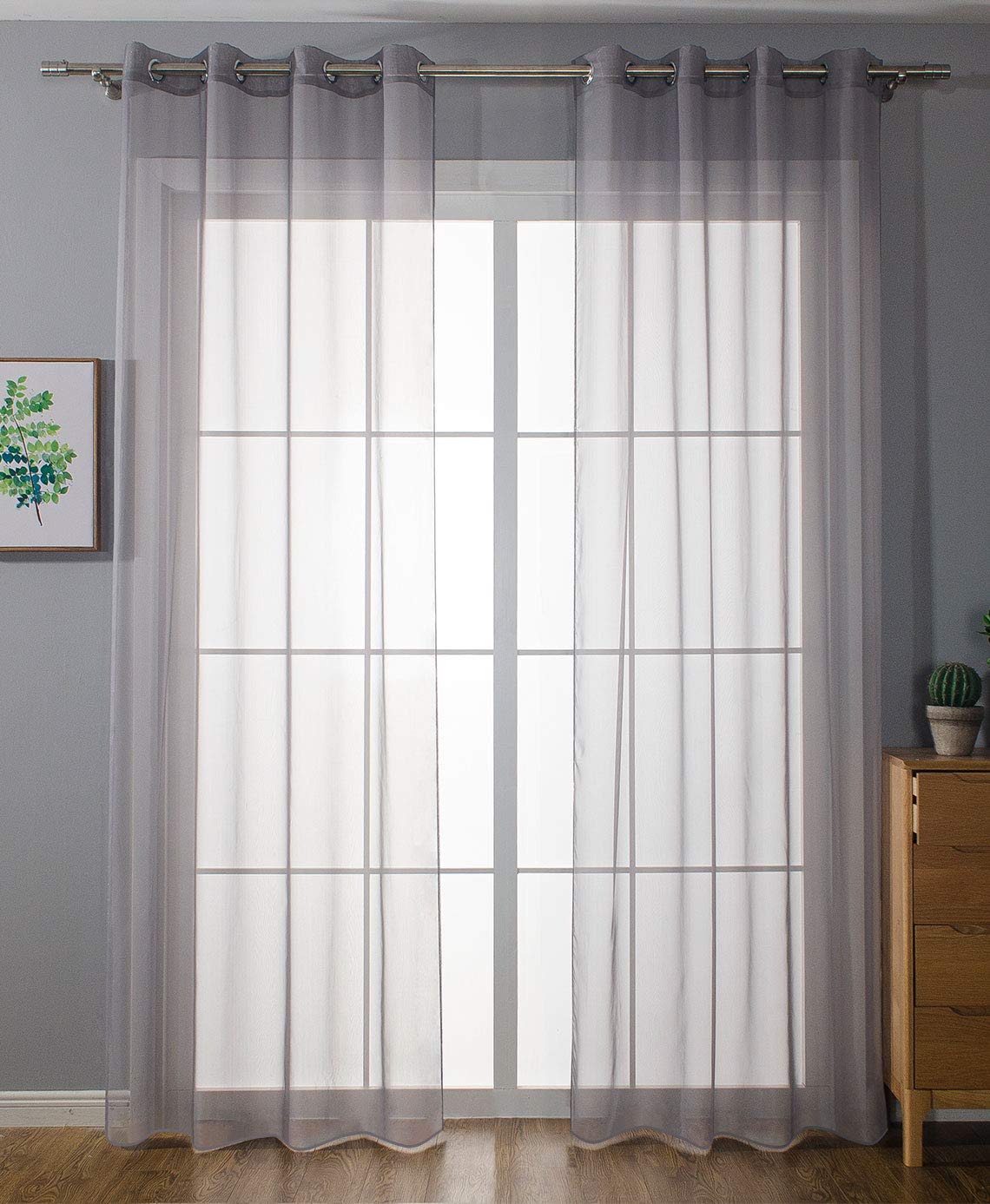 Gardinenbox 203322 Pack of Eyelet Curtains Transparent Curtain Set Living Room Voile Eyelet Curtain Lead Tape Closure H x W 145 x 140 cm Grey