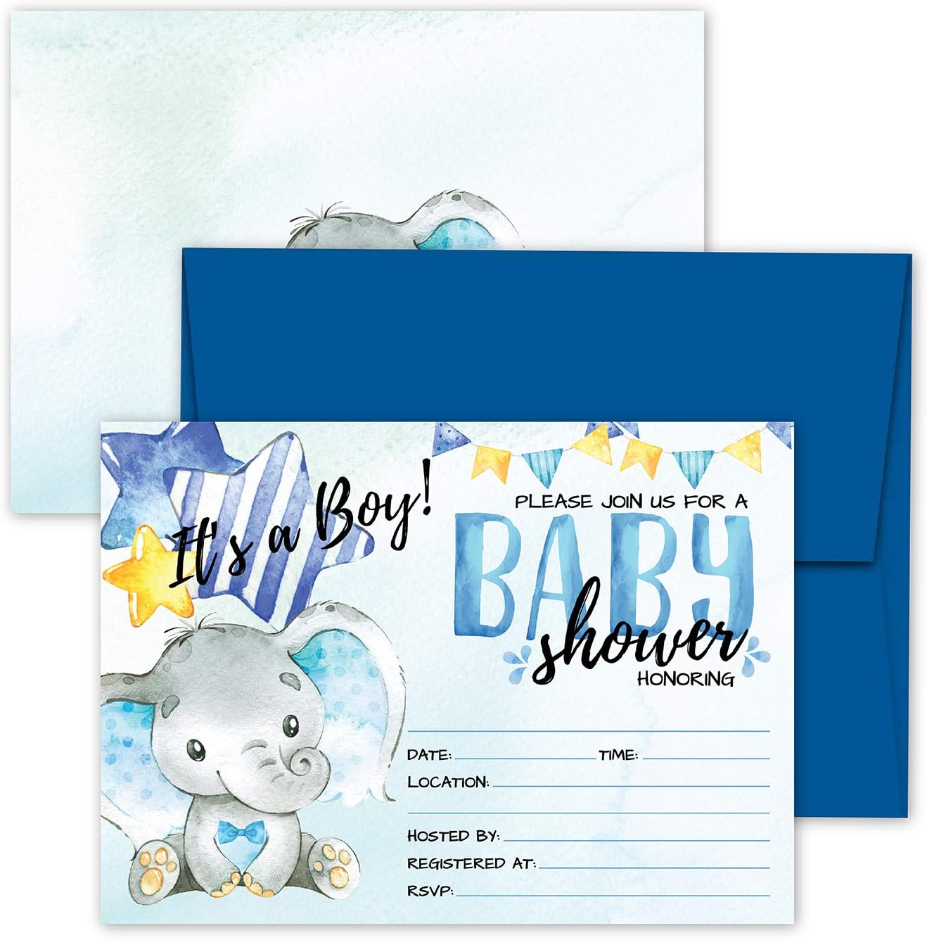 Pink Pixie Studio Deluxe Blue Elephant Baby Shower Invitations, Jungle Tropical Safari Animals Invites 20 Large Double Sided 5 x 7 Cards with Blue Envelopes (Its A Boy, Invitations)