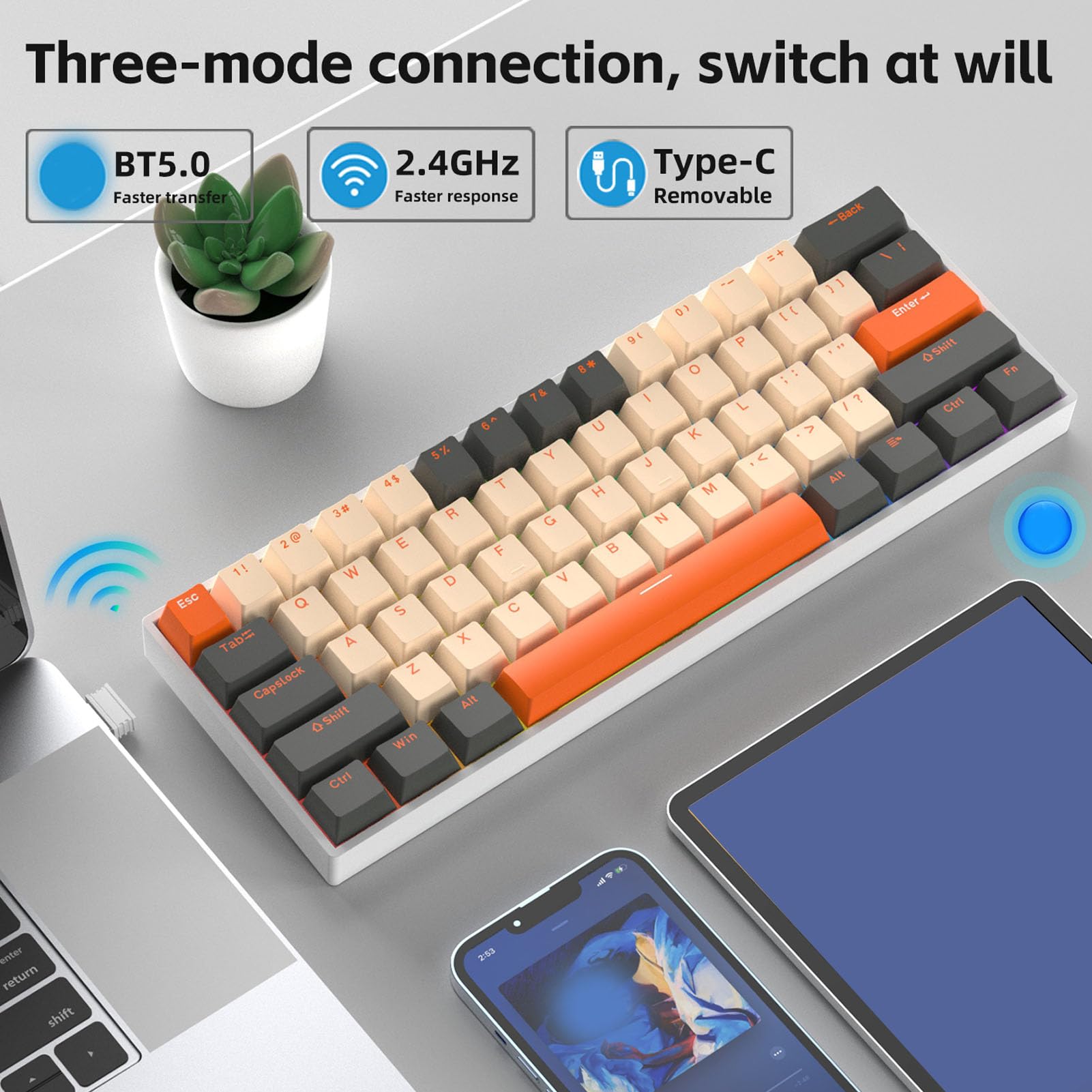 Clavier Mécanique sans Fil à 3 Modes, Clavier de Jeu Filaire BT 2,4 GHz avec Interrupteur, D'ordinateur Compact à 61 Touches pour Le Travail et Les Jeux (Orange)