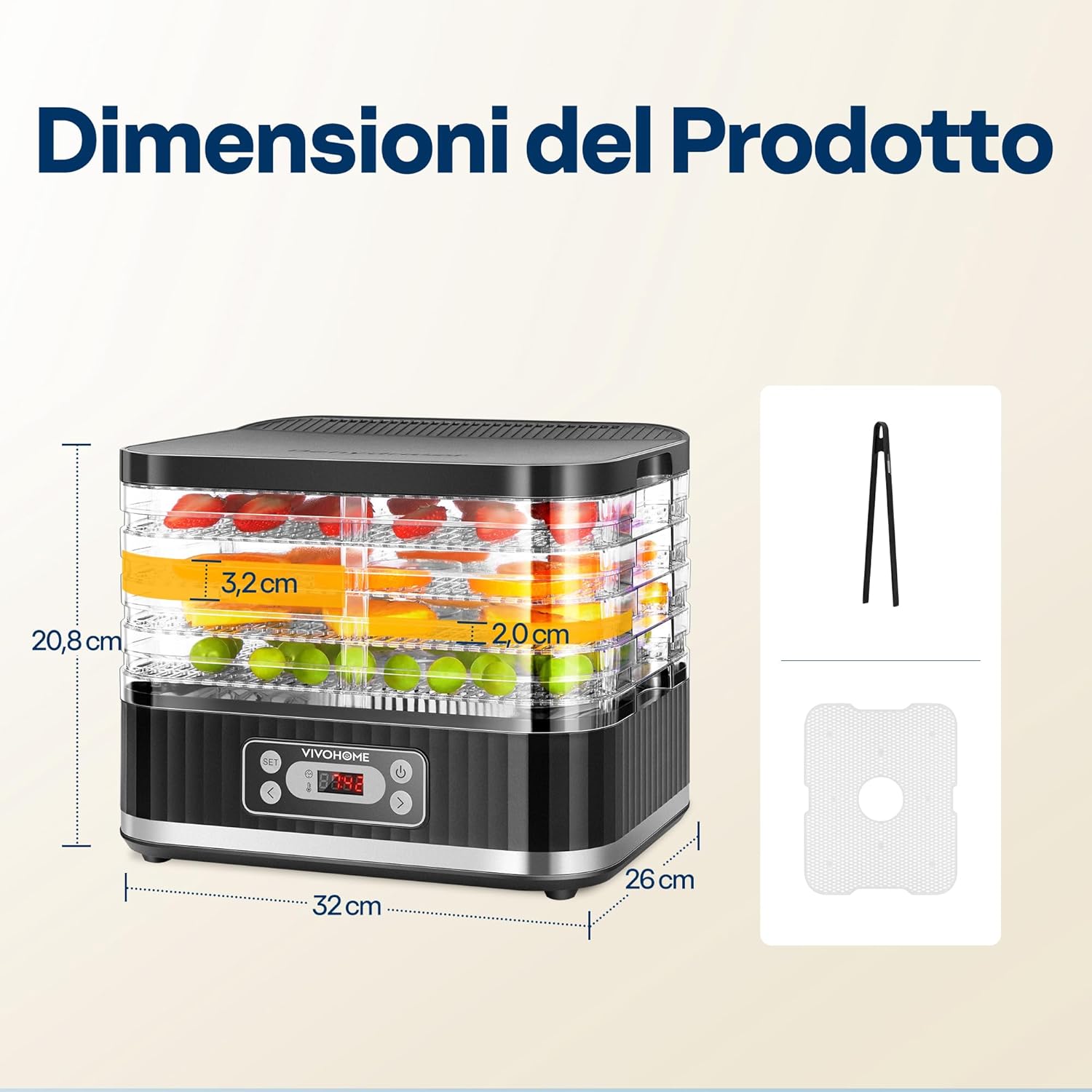 Product dimensions diagram showing length, width, and height of the dehydrator