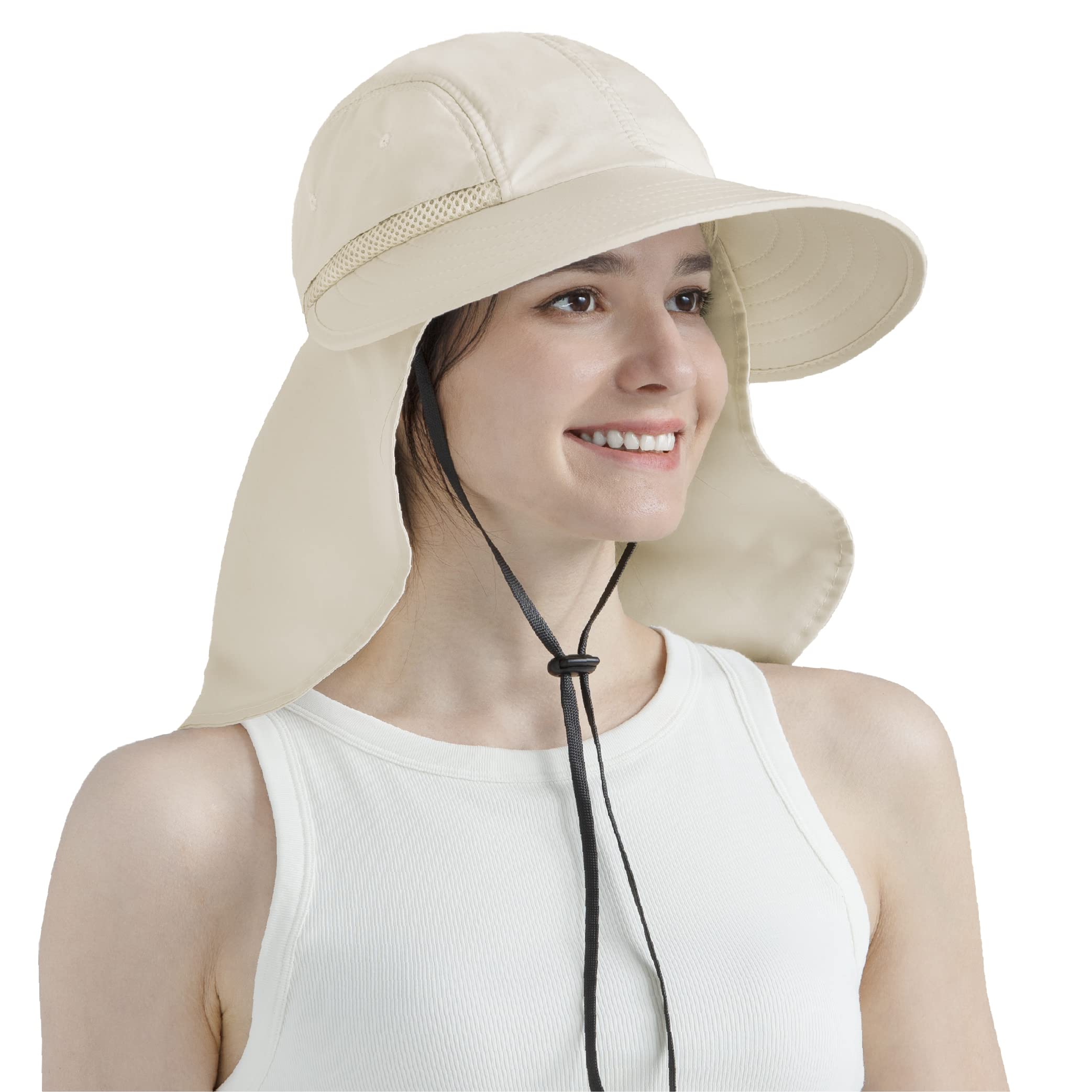 SUN CUBEWomen Sun Hat Neck Flap Cover, UV Protection Wide Brim Fishing Hiking Hat, Ponytail Foldable Summer Beach Outdoor