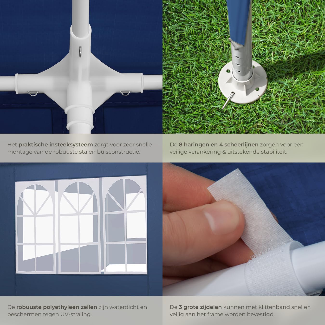 Close-up image showing a hand attaching a side panel to the gazebo frame using a Velcro fastener, illustrating the removable side panel mechanism.