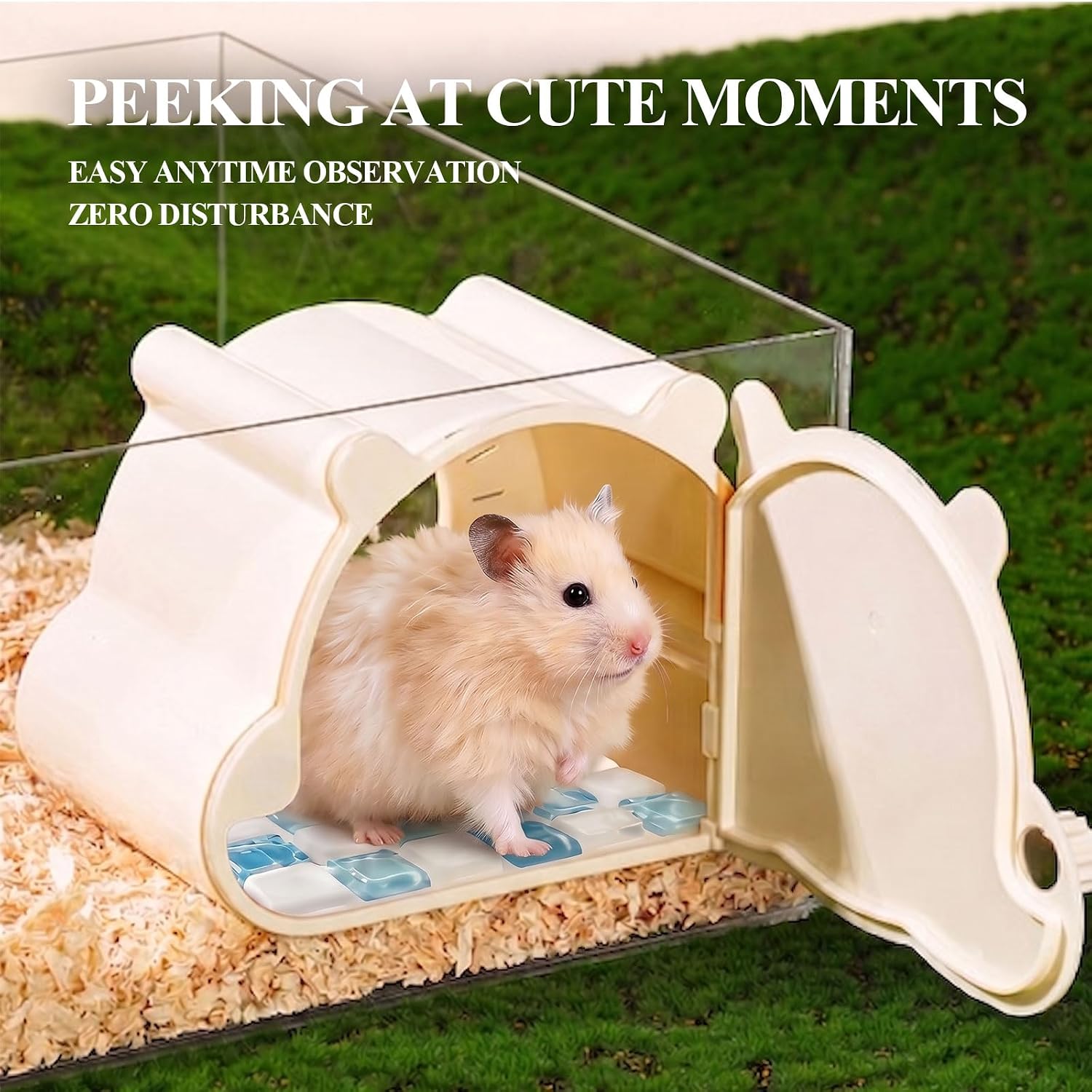 Magnetic Hamster Hideout with Open Lid & Crystal Cooling Pad Set, Visible Hamster House, Summer Cooling Ice Bed, Small Animal Houses & Habitats, Hamster Cage Accessories for Dwarf Mice Rat (Gray) image 2