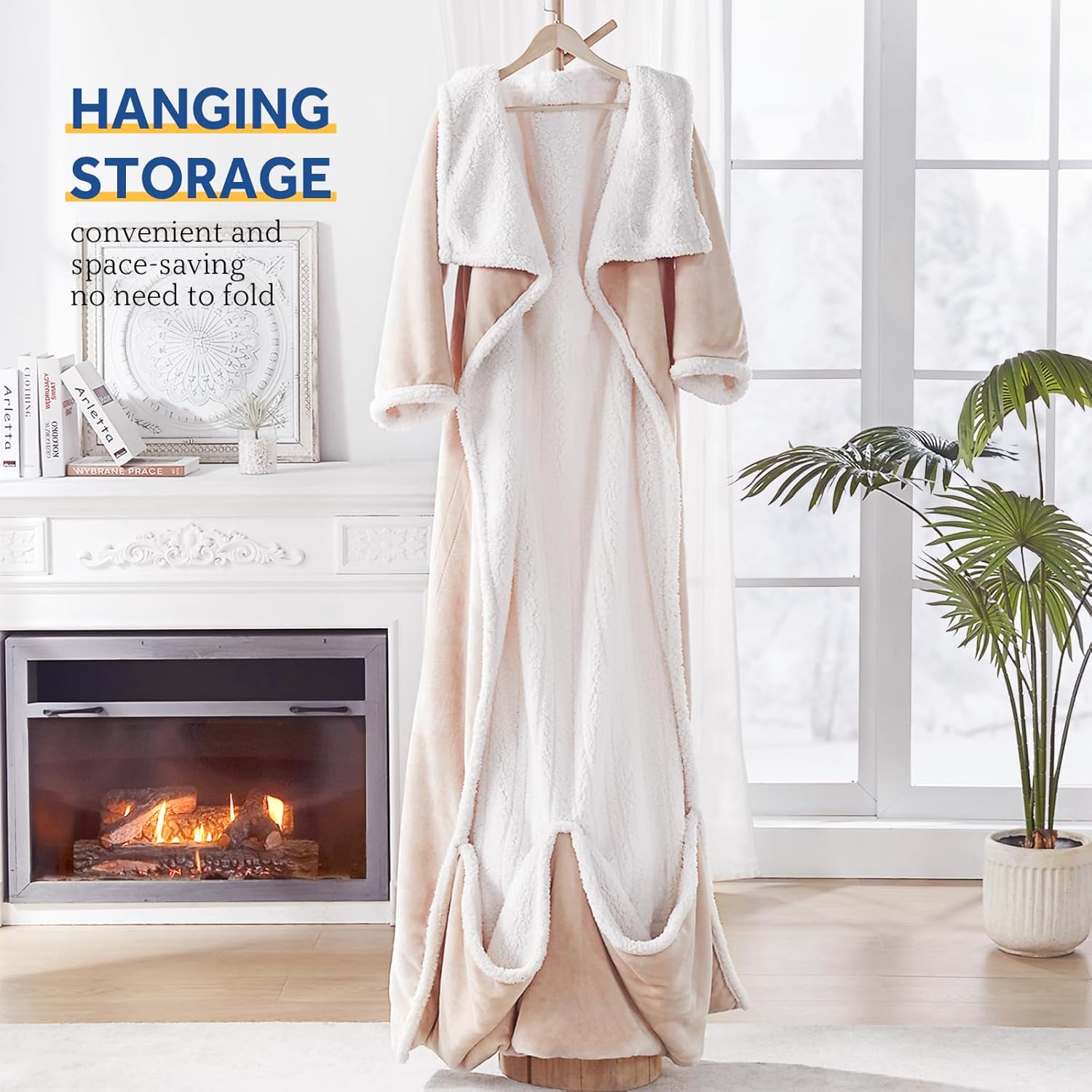 Sealy Electric Blanket Wearable with Foot Pocket, Electric Snuggle Blanket with Sleeves, Flannel & Sherpa Heating Throw with 6 Heat Settings & 2-10 Hours Auto Shut Off, 50 * 70"+18" Beige - Image 4