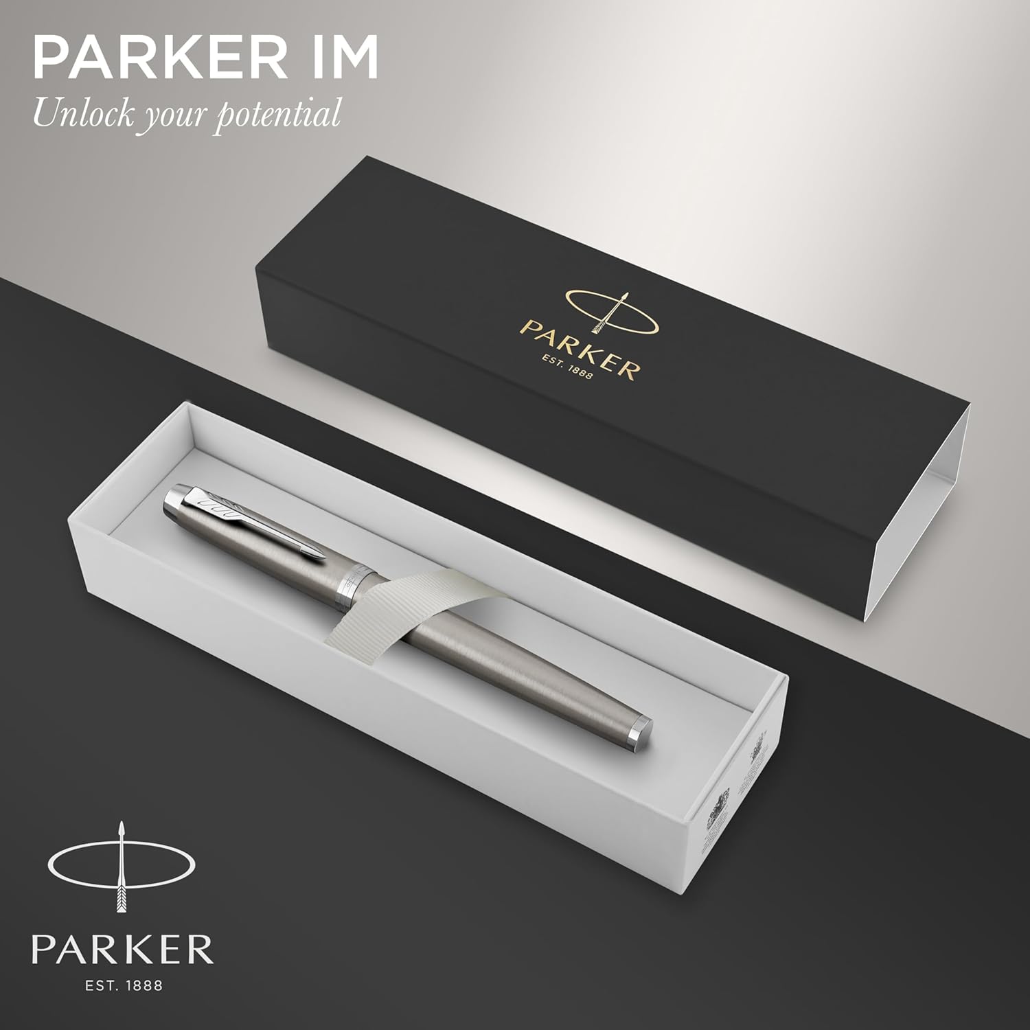 PARKER IM Rollerball Pen | Stainless Steel with Chrome Trim | Fine Point with Black Ink Refill | Gift Box