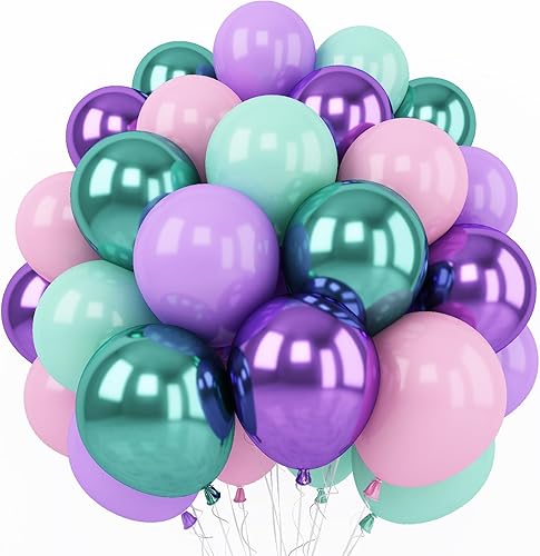 Miniatura 1 de Juego de globos de fiesta de sirena, 60 paquetes de globos de látex metálicos de 12 pulgadas, globos de látex metálicos morados, rosas, verdes,