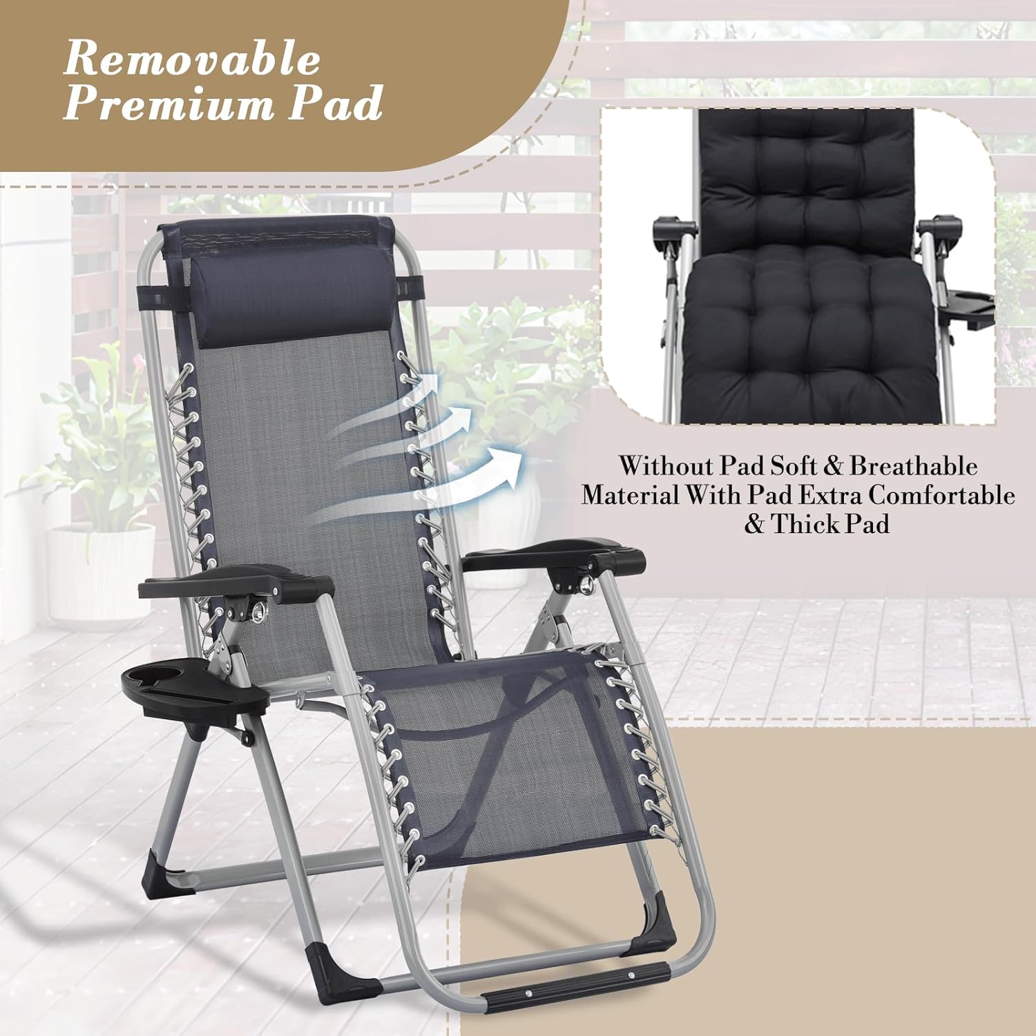 Athena Collection Zero Gravity Outdoor Lounge Chair with Removable Cushion, 25" Width Pool Lounge Lawn Chair Reclining with Cup Holder, Outdoor Chaise for Beach Patio Backyard Outside, Blue