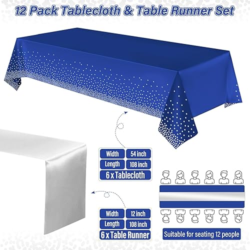 Miniatura 2 de Paquete de 12 manteles y caminos de mesa azules y plateados para decoración de fiesta, mantel desechable de plástico azul y plateado y camino de