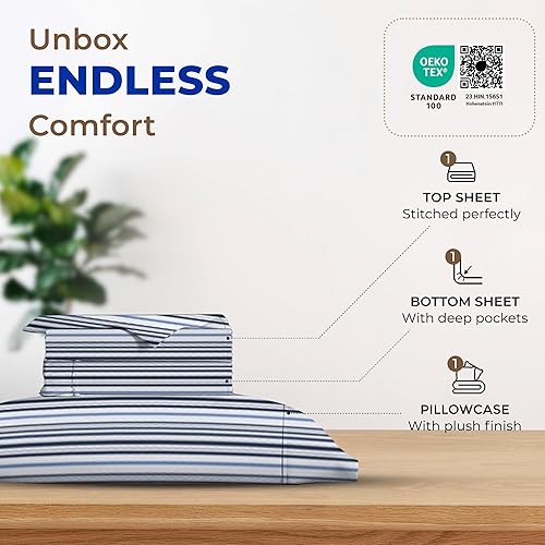 Miniatura 3 de THREAD SPREAD Sábanas 100% de algodón estampadas, 600 hilos, juego de sábanas de 3 piezas a rayas color azul jaspeado, sábanas de tejido satinado de