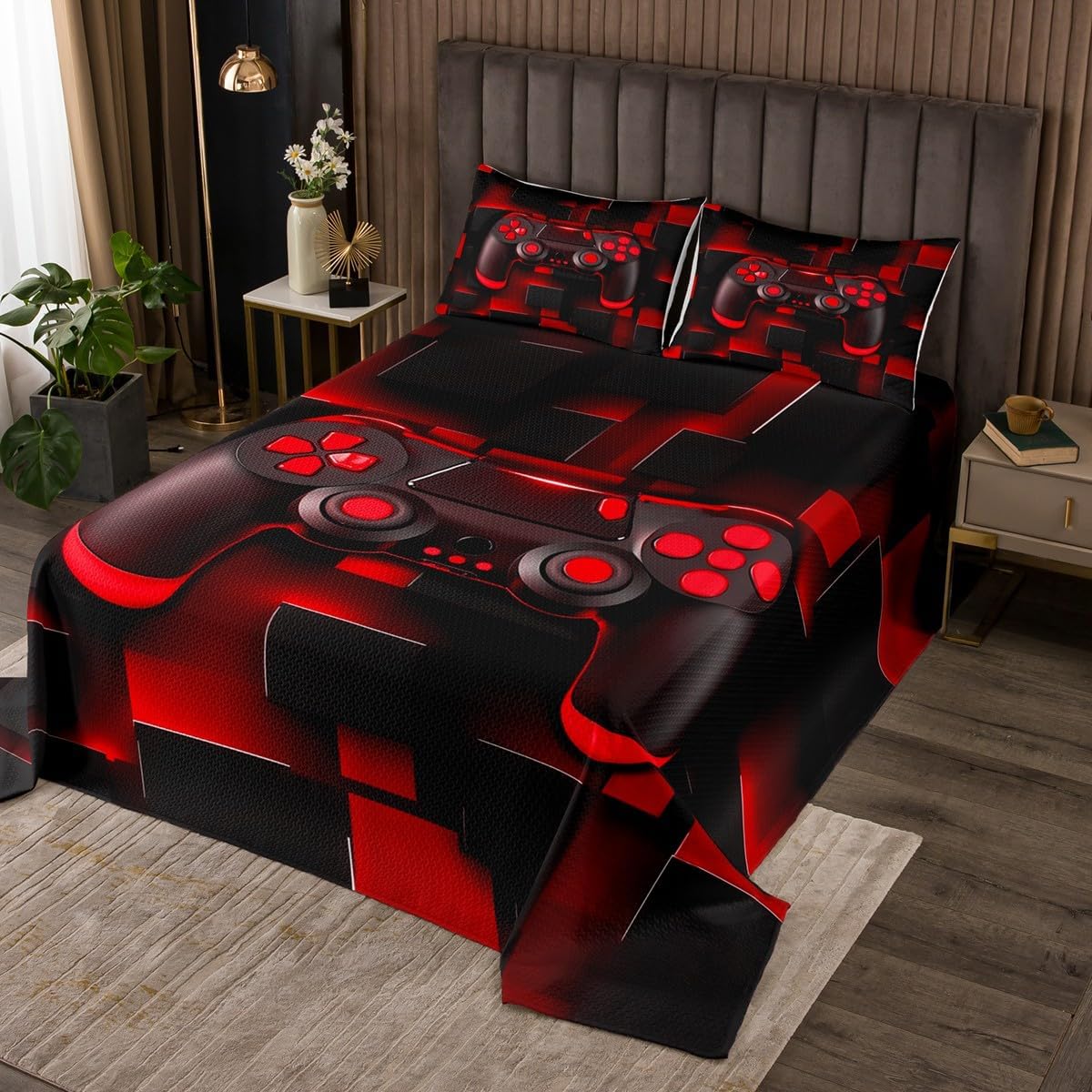 jejeloiu Gamer Bedspread for Kids Boys Girls Gaming Coverlet Set King Size Ombre Abstract Quilted Coverlet Bedroom Decor Breathable Soft Lightweight Microfiber Blue Black 3Pcs