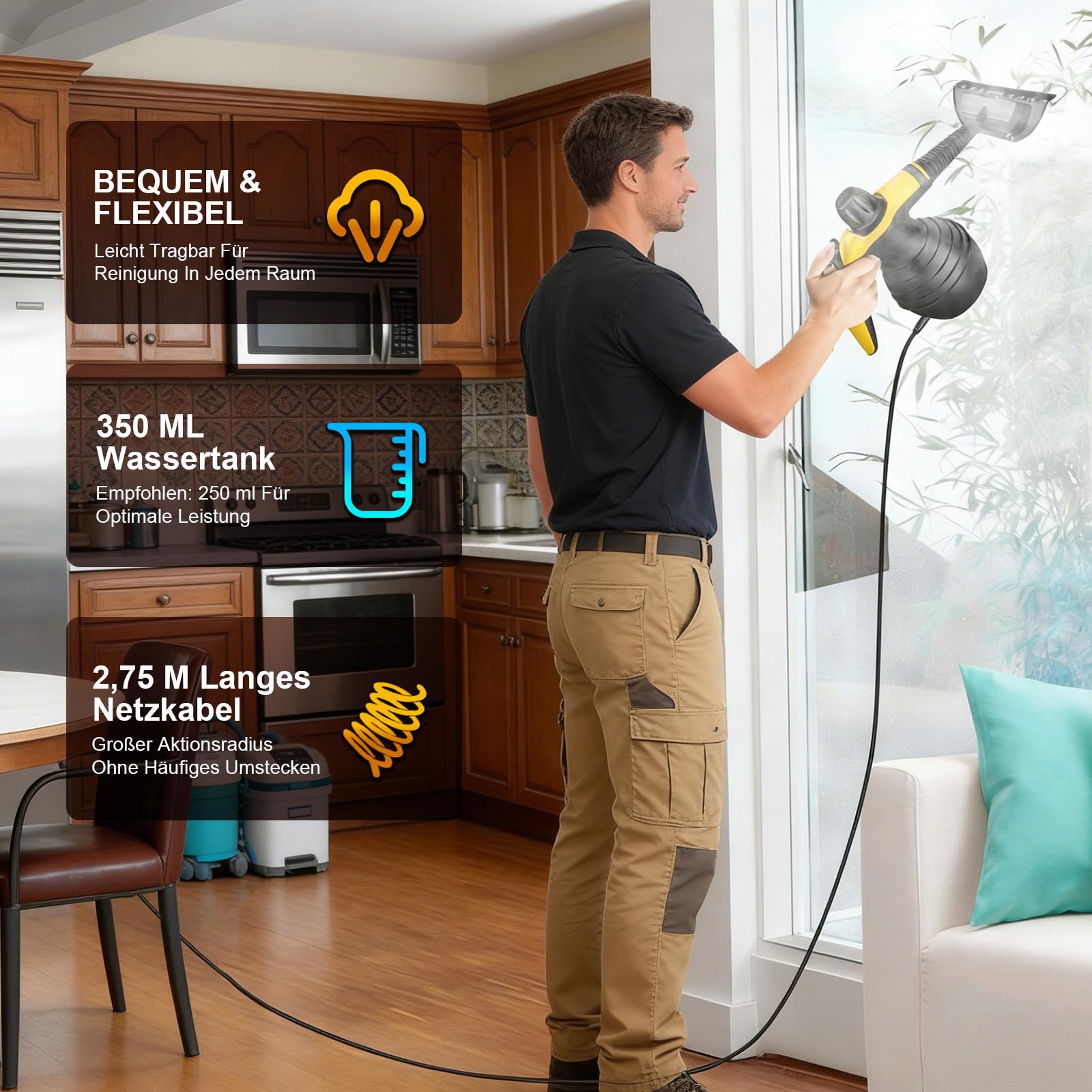 Limpiador A Vapor Portátil 1050W, Steam Cleaner De Mano Alta Presión, Calentamiento Rápido, 9 Accesorios, Sin Químicos, Para Baño, Cocina, Ventanas, Sofá, Tapicería, Juntas, Azulejos, Coche