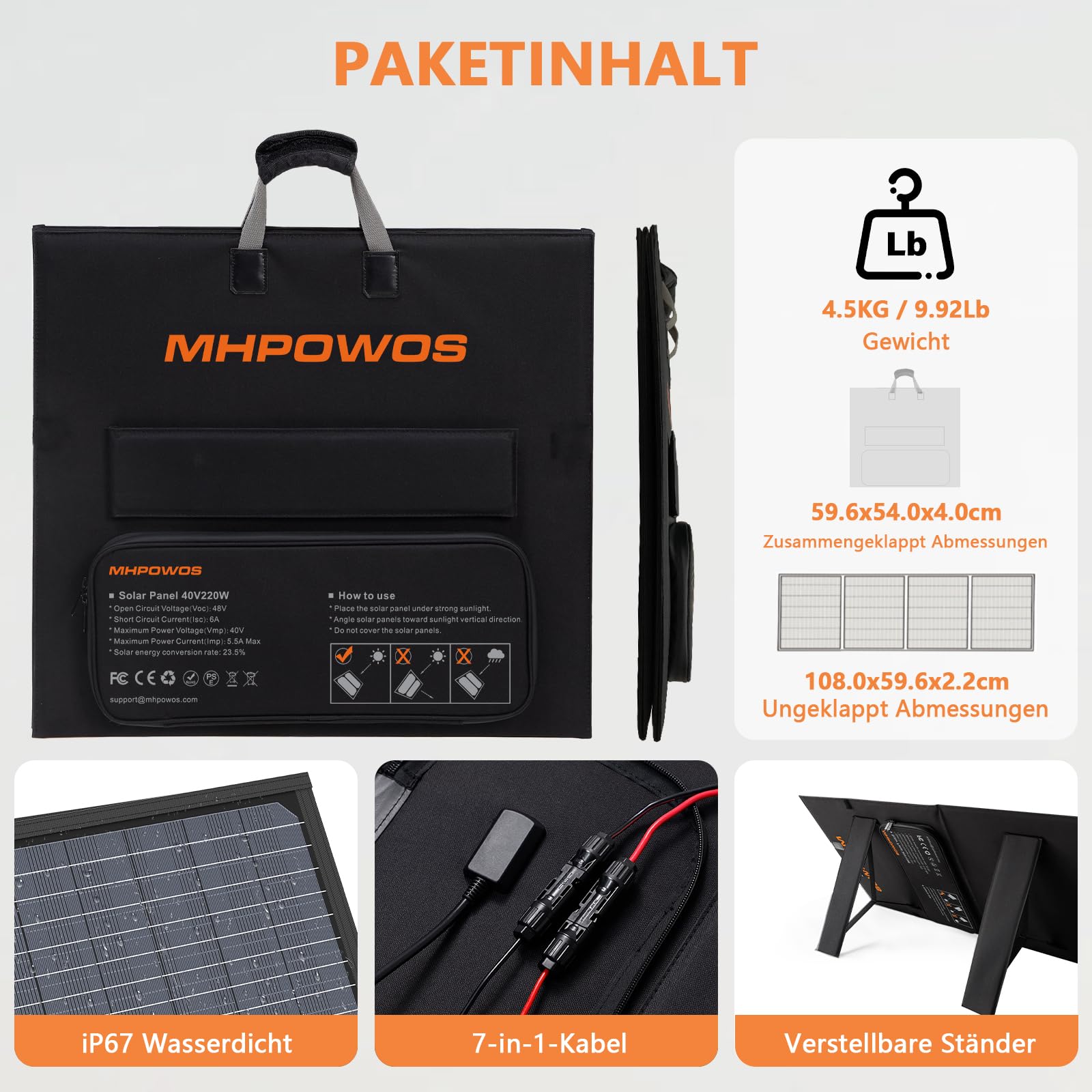 Tragbares Solarpanel 110W IP67 Wasserdicht Faltbares Solarpanel Kit 20V Ausgang 23.5% Wirkungsgrad für Outdoor Camping