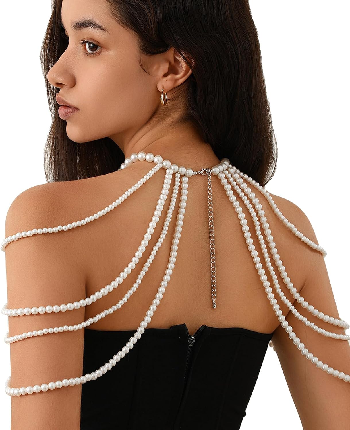 Multi-layer Pearl Tassel Shoulder Chain Necklace for Women Layered Beaded Shoulder Body Jewelry Rave Pearl Arm Chain