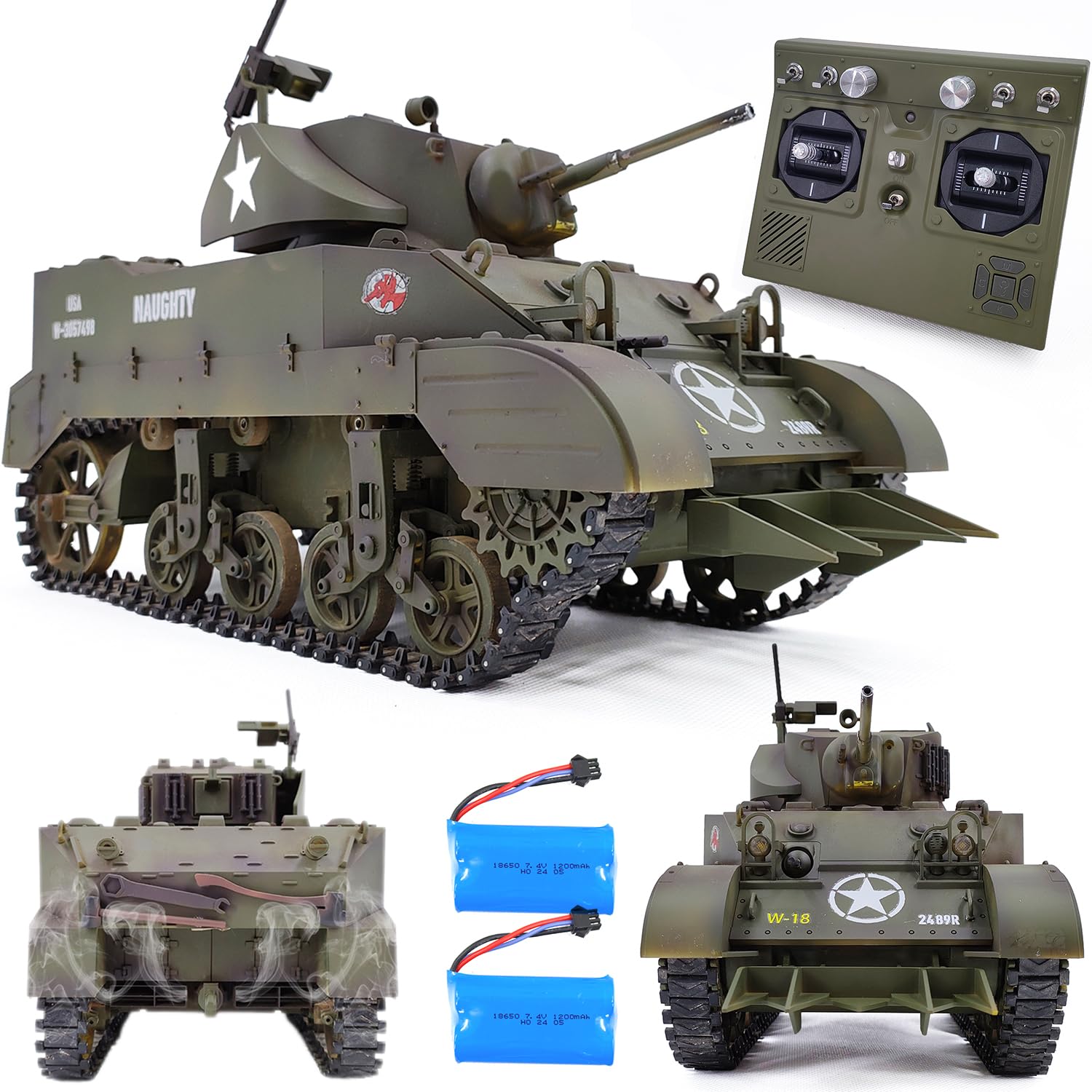 Remote Control Light Tank US M5A1 Stuart Tank 1/16 War RC Military Vehicle Simulation Smoke Barrel Lifting/Turret Rotation 360 Degrees/NO-Shooting/Collection Model / 2Batteries