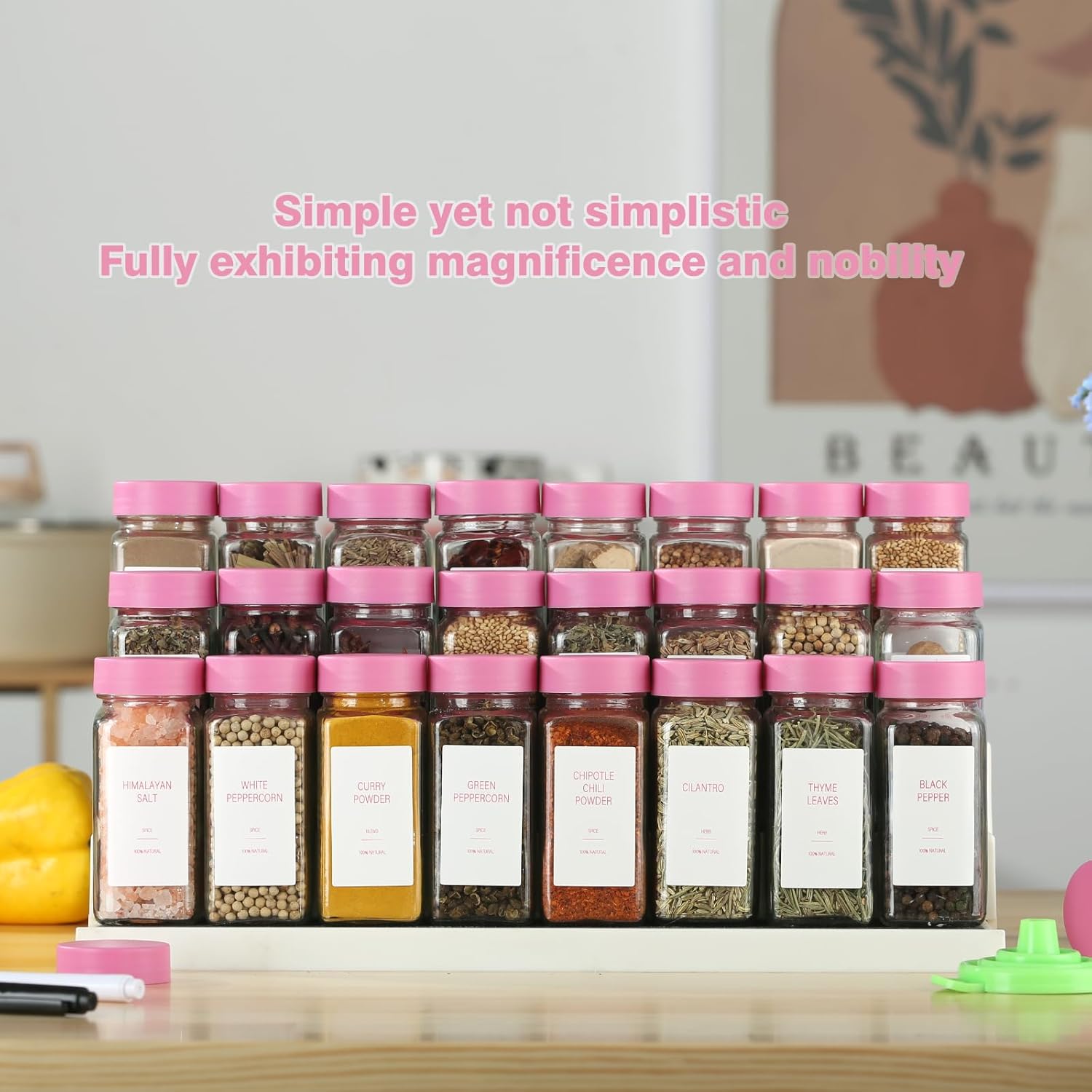 Pink Spice Jars with Label，4oz Seasoning Containers, Glass Spice Bottles with Shaker Lids,Funnel, Chalk Pen (Pink, 24)