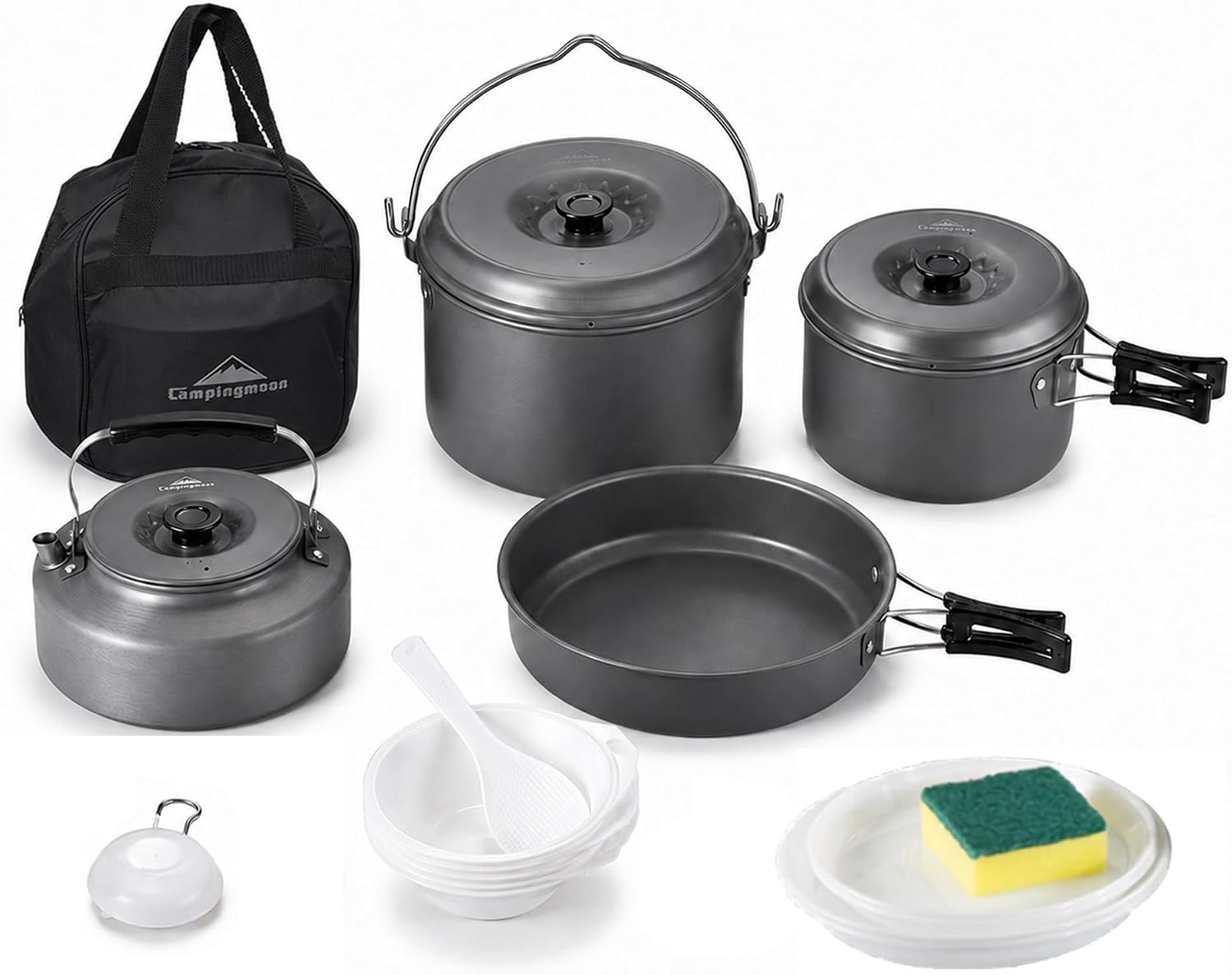 CAMPINGMOON Camping Cookware Set Aluminum Nesting Pots and Pans with Kettle Carry Bag Camp Cooking Mess Kit for Family Camping RV Picnic MC-700