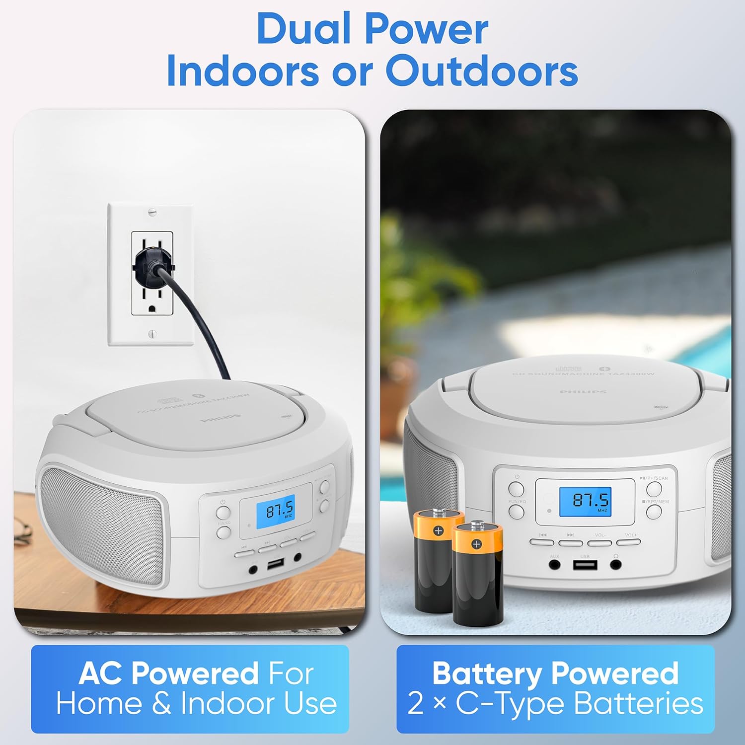 Philips CD Player Portable with Bluetooth, Crystal Clear Sound Top Loading CD Boombox with FM Radio, USB Port & Aux Input, Compact & Lightweight Design,R/CD-RW/MP3 Compatible (White) (White) - Image 8