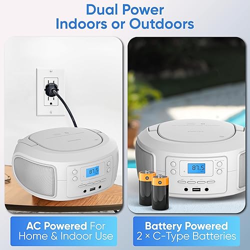 Miniatura 8 de Philips Reproductor de CD portátil con Bluetooth, caja de CD de carga superior con radio FM, puerto USB y entrada auxiliar, diseño compacto y