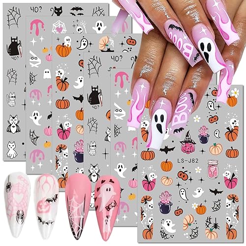 Calcomanías 3D de Halloween para uñas, calcomanías de papel para mujeres, fantasma, calavera, calabaza, araña, gato, 6 hojas