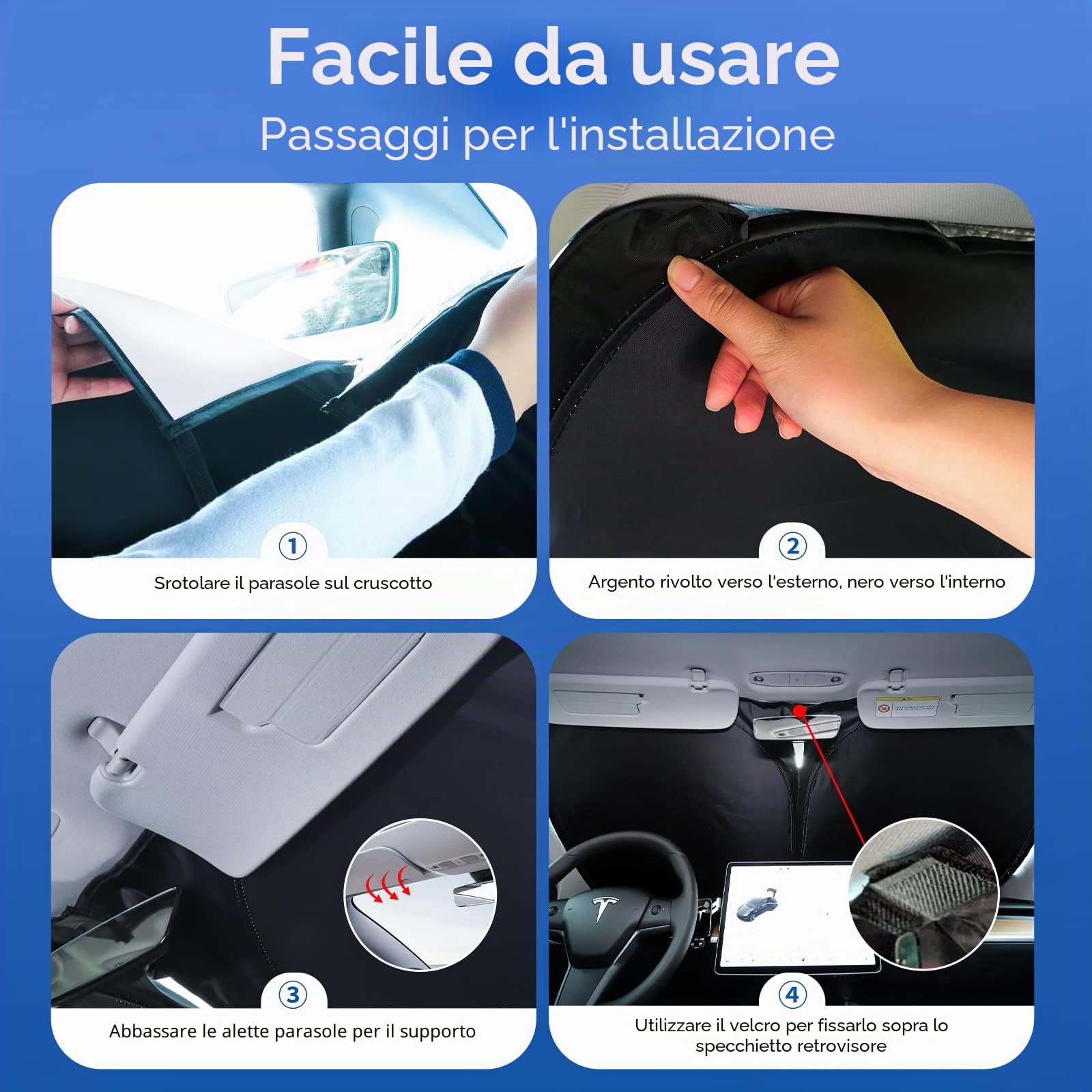 Parasole progettato per Tesla Model 3 Y 2019-2025, parabrezza anteriore, doppio strato di tessuto per bloccare la luce, parasole pieghevole con borsa di stoccaggio,accessori per Tesla Model 3/Y