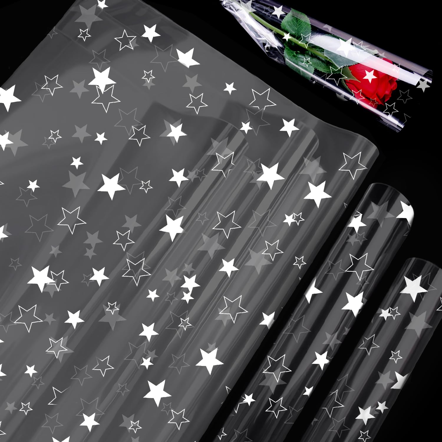 ADQUATOR 5m×80cm White Star Hamper Wrapping Cellophane Paper Sheets,100% Recyclable ECO Clear Gift Wrap for Birthday Present and Wedding Party Bouquet Packaging(folded in half)