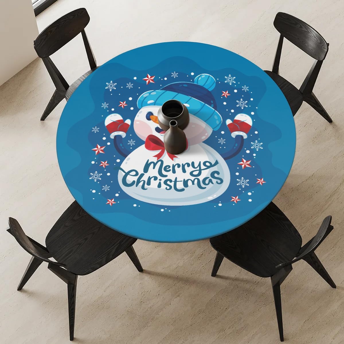Christmas Round Tablecloth with Elastic Edge, Winter Cute Snowman Snowflake Tablecloth, Washable Wipeable Table Cloth Polyester Table Cover for Kitchen Dining Party Holiday Fits Round Tables 40-44 in
