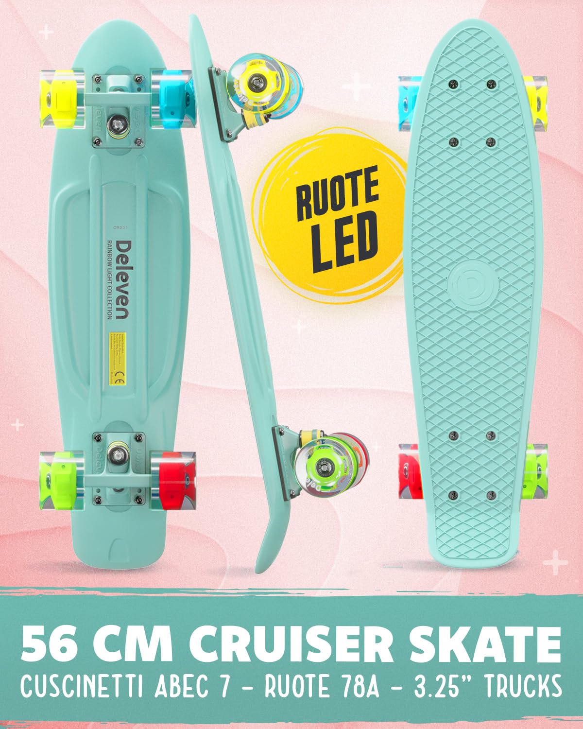 Deleven Skateboard 56cm con Ruote LED, Tool per Skate e Cuscinetti Abec 7 - Per Bambini Principianti Ragazze Ragazzi Adolescenti Adulti