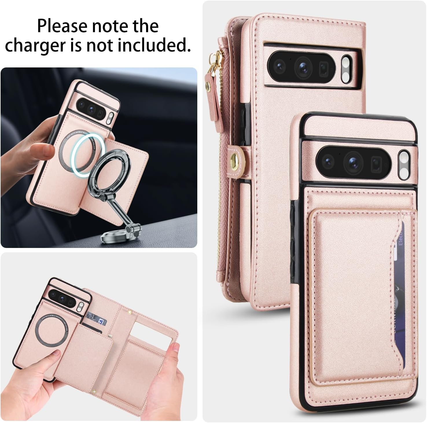Detachable 2-in-1 Case for Google Pixel 8 - Wallet Cover with Card Slots, RFID Blocking, Compatible with Magsafe Charging and Car Mount, Wrist & Crossbody Strap.(Rose Gold)