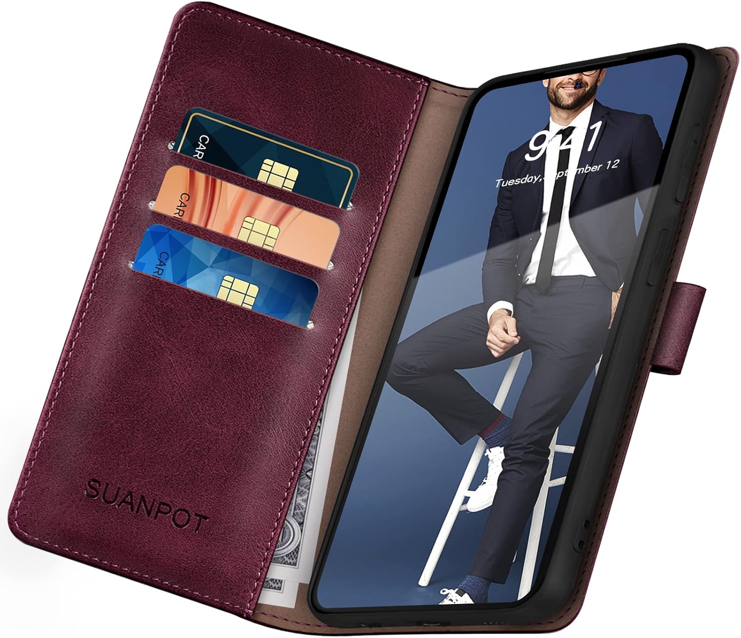 SUANPOT for Samsung Galaxy S22 Ultra with RFID Blocking Leather Wallet case Credit Card Holder,Flip Folio Book Phone case Shockproof Cover Women Men for Samsung S22 Ultra case Wallet Wine Red - Image 5