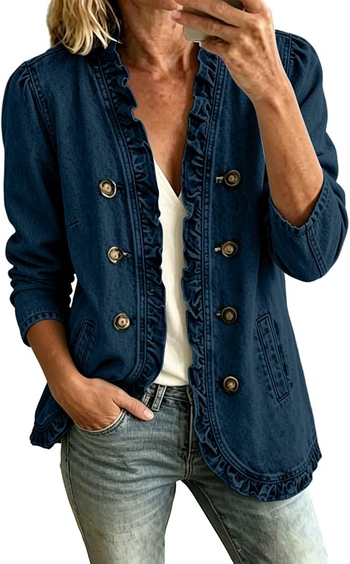 fartey Denim Jacket for Women Casual Long Sleeve Jean Jackets with Pocket