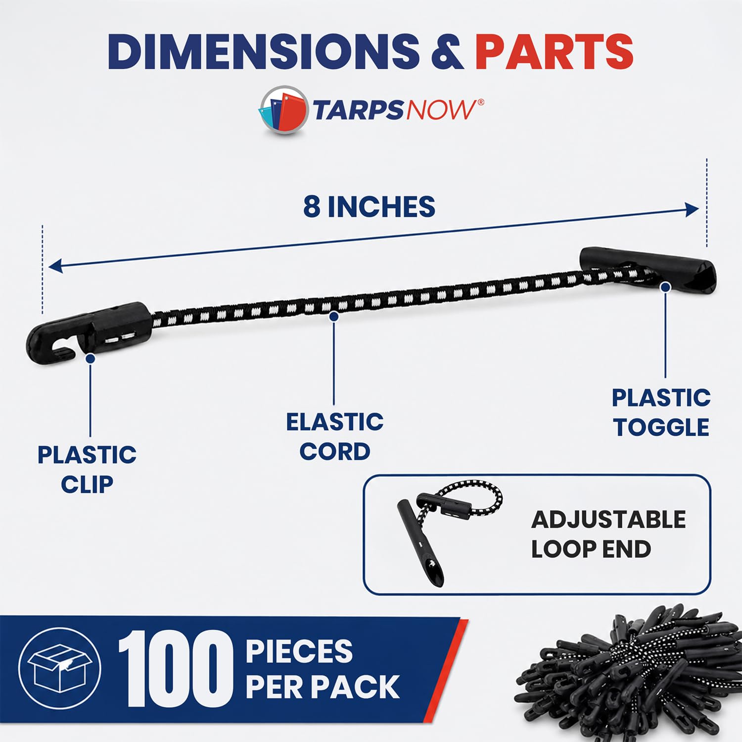 Tarps Now - Cordones elásticos de 8 pulgadas con extremo de bucle ajustable, cuerda elástica resistente y duradera para andamios, herramientas, construcción, 100 piezas