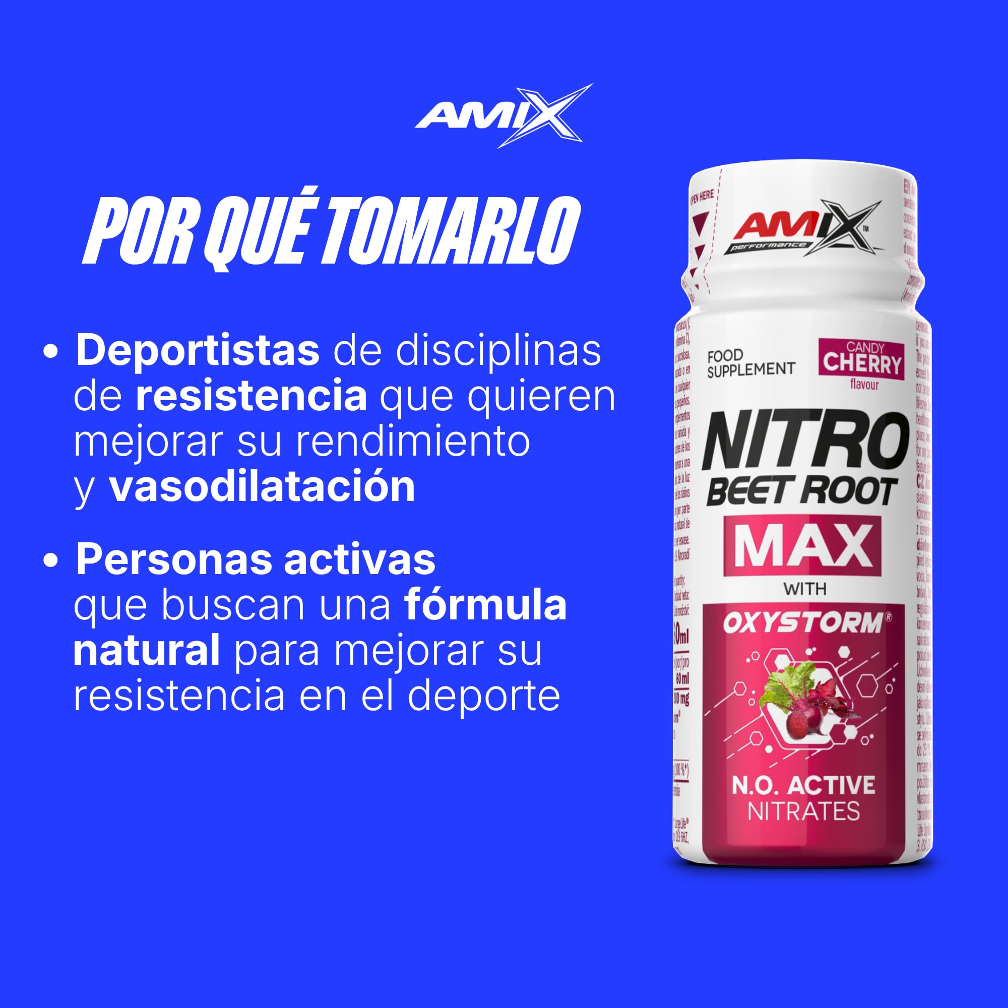 Amix Nitro Beet Root MAX – Sabor Cereza - 20 Shots de 60 ml – Concentrado de nitratos de remolacha y Oxystorm® – Con vitamina C – Formato líquido listo para tomar antes del entrenamiento