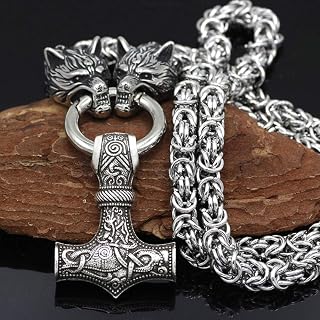 Stainless Steel Chain - Viking Wolf Head with Thor's Hammer Mjolnir Wolf Pendant Necklace Men Amulet Thor Hammer Pendant Necklace Viking King Chain