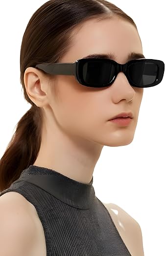 INDIFABRO woman Vintage Square Sunglasses | Retro Narrow Frame Design | UV400 Protected Stylish Black Eyewear for Women