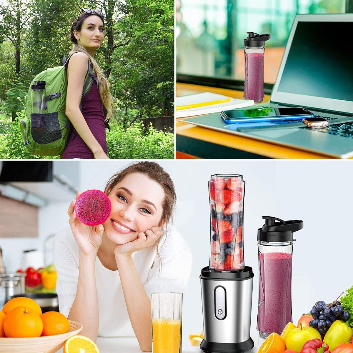 Mixer, 500W Mini Standmixer & Smoothie Maker mit 2x600ml Flaschen BPA frei Tritan, Tragbarer Mixer Smoothie Maker aus Edelstahl 4-Blatt für Shake, Smoothie, Silber (Silber)