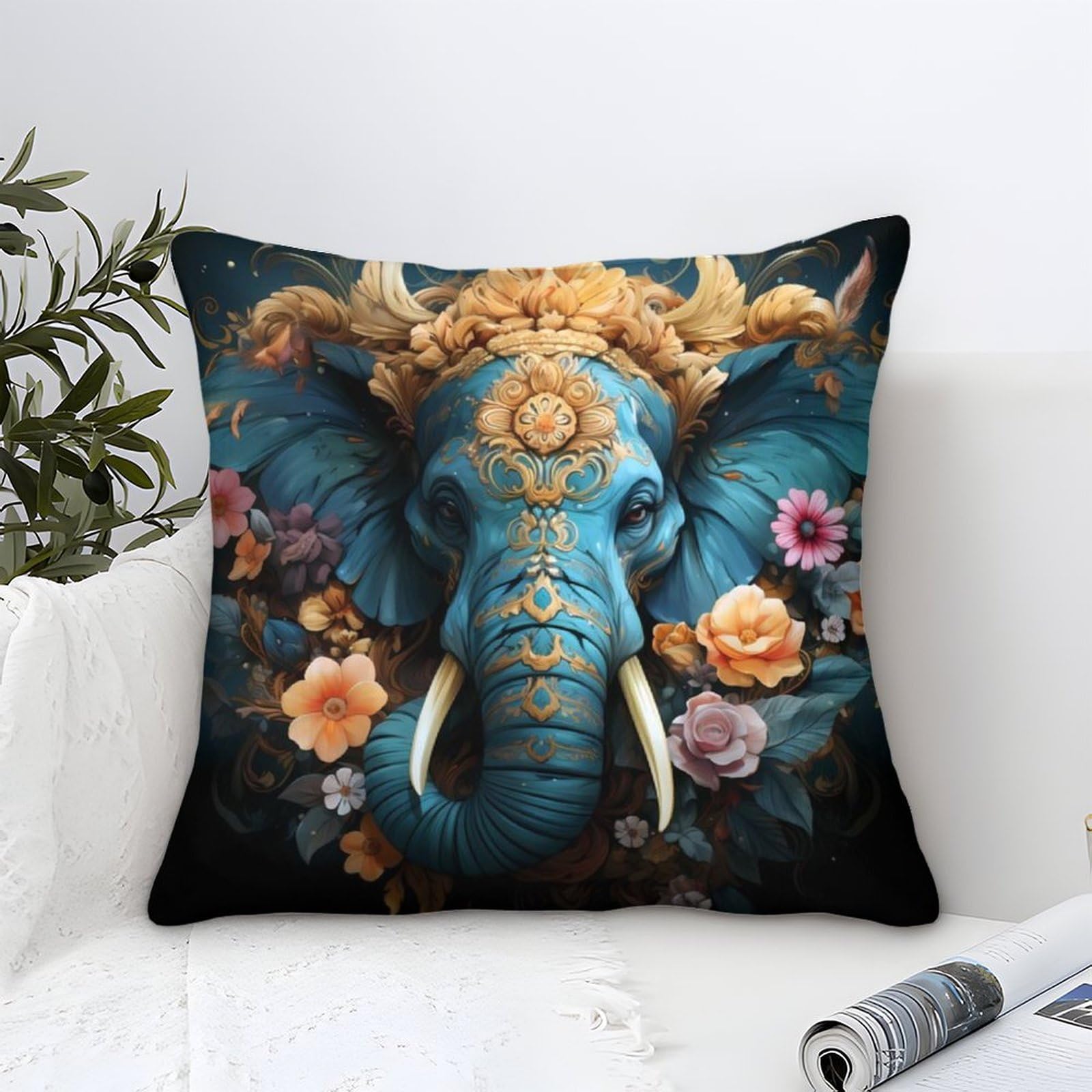 Indian Elephant Microfiber Cushion Cover 50x50cm, Elephant Decorative Square Throw Pillow Case for Couch Livingroom Sofa Bed