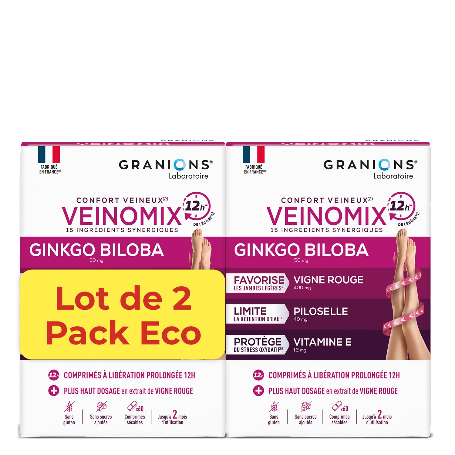 Granions Veinomix Lot de 2 – Favorise la sensation de jambes légères et limite la rétention d'eau
