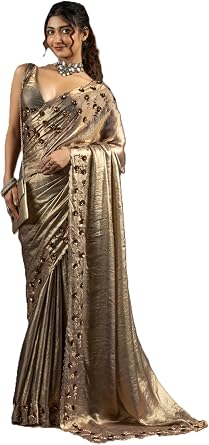 Shimmer Grey Satin Silk Party Wear Designer Saree Sari stitched blouse 9331