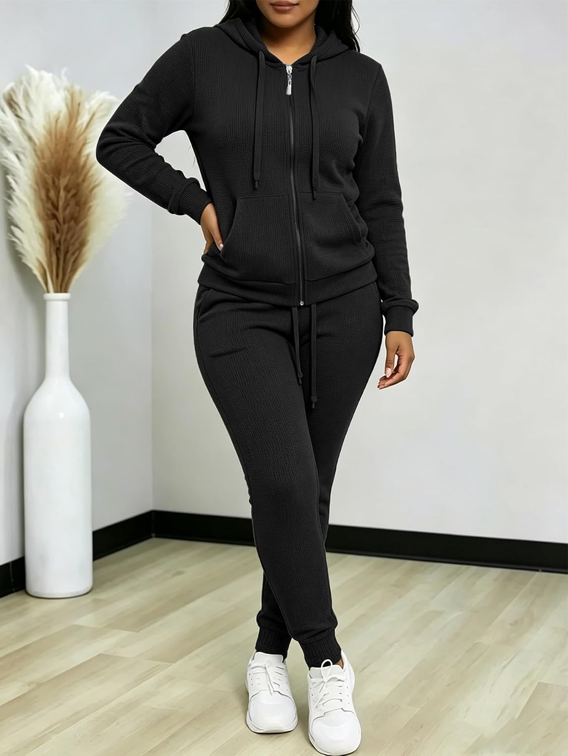 AUXDIO Waffle Knit Lounge Sets for Women 2 Piece Zip-Up Hoodie Jogger Set
