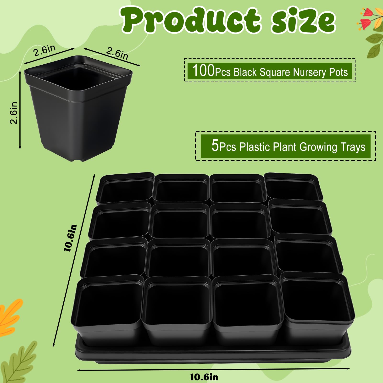 NNG 100 macetas cuadradas negras de 2.4 pulgadas, 5 bandejas de plástico para iniciar semillas, kit de iniciación de propagación de plantas, macetas cuadradas con agujeros de drenaje